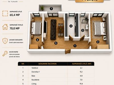 Apartament cu 3 camere de vânzare în Tunari – fotografia 3 din 6