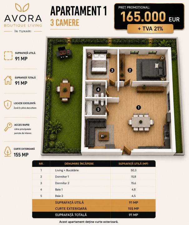 Apartament cu 3 camere de vânzare în Tunari – fotografia 5 din 6