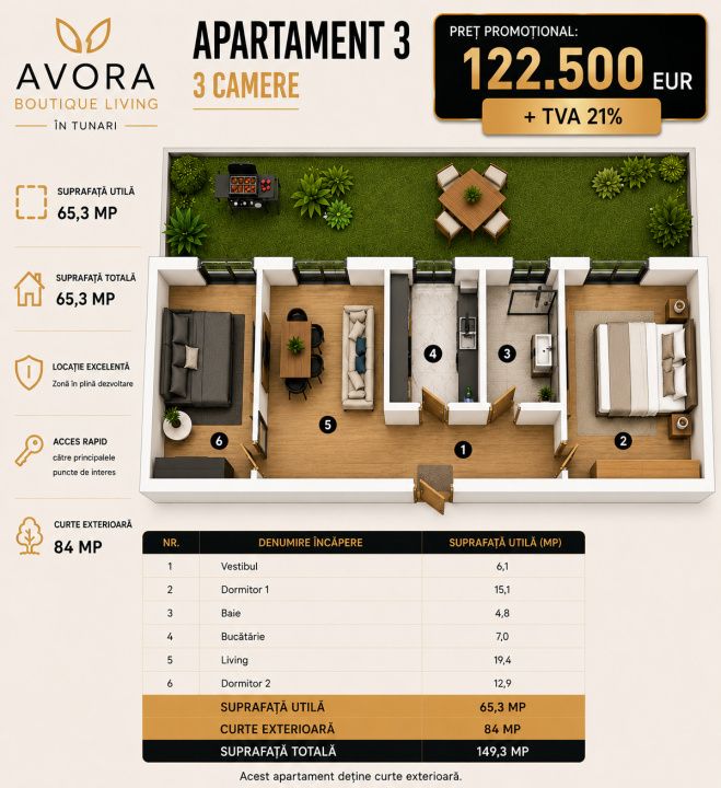 Apartament cu 3 camere de vânzare în Tunari – fotografia 4 din 6